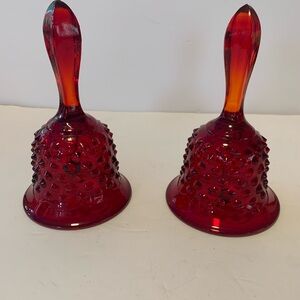 Fenton Vintage Glass Bells Red Textured Design Set of Two Matching